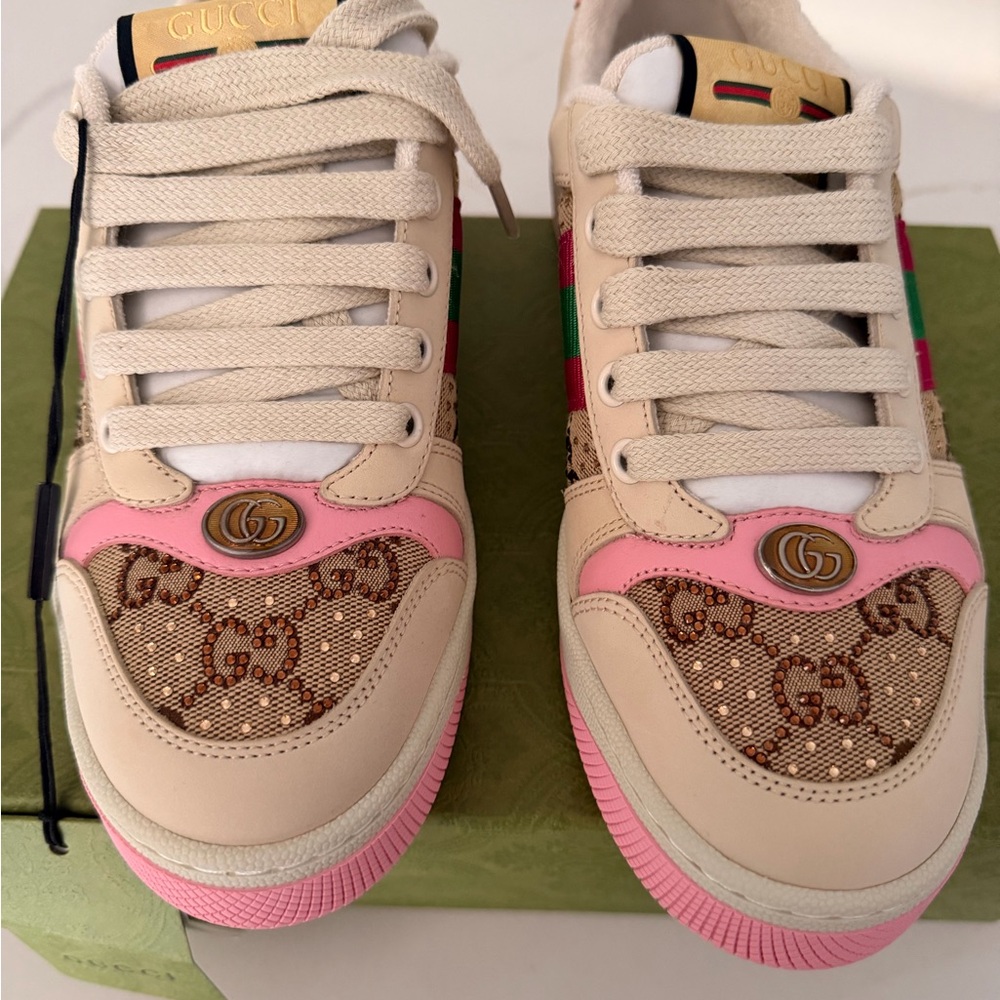 Gucci Women's Beige and Pink Web Sneakers